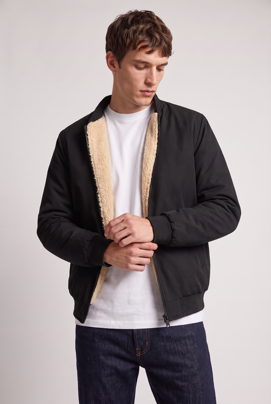 Men's Fleece-Lined Bomber Jacket – Baseball Collar, Full Zip Fastening, Ribbed Cuffs and Hem, Side Pockets