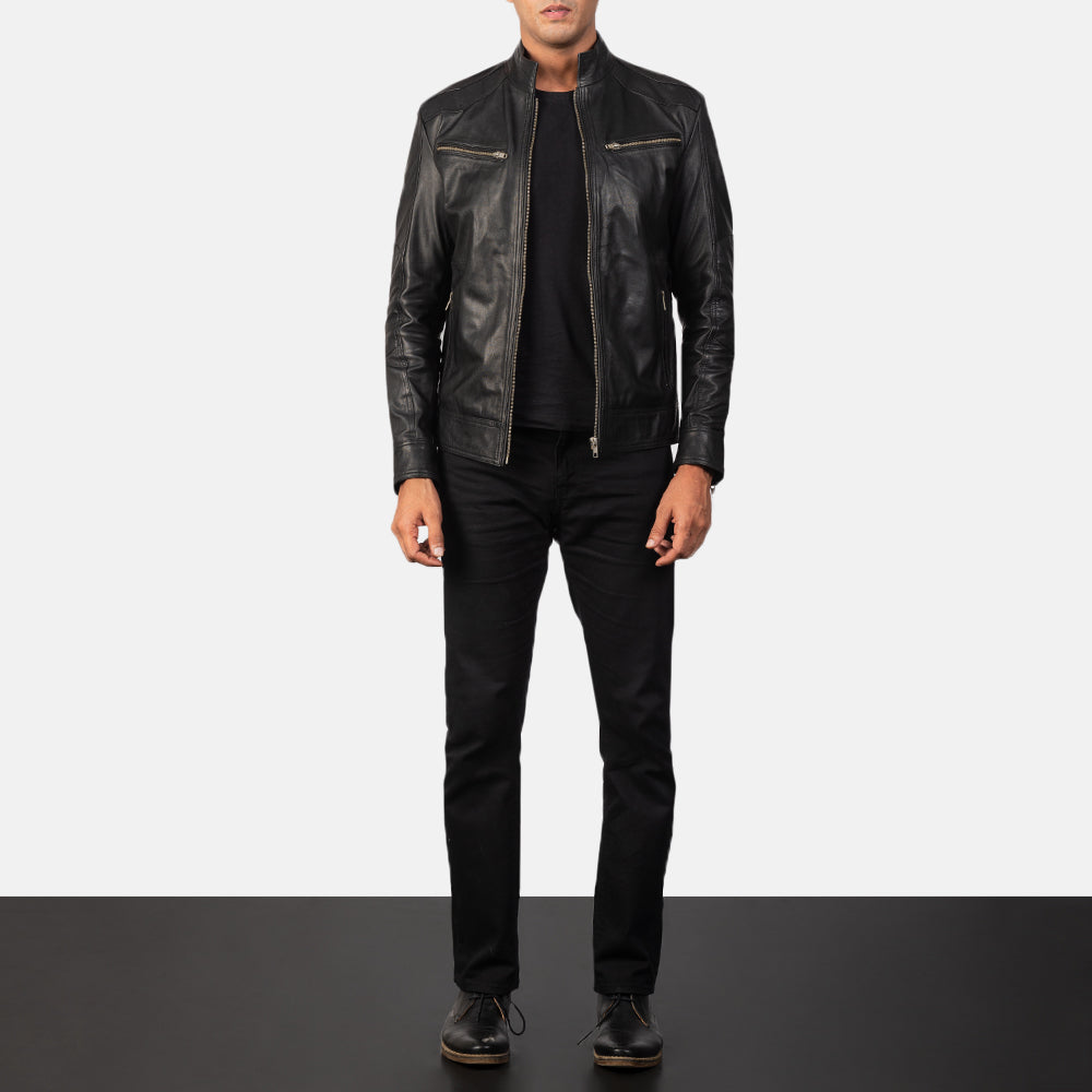 Mack Men's Goatskin Leather Biker Jacket – Band Collar, Zip Cuffs, Four Outside Pockets, Semi-Aniline Finish | Black