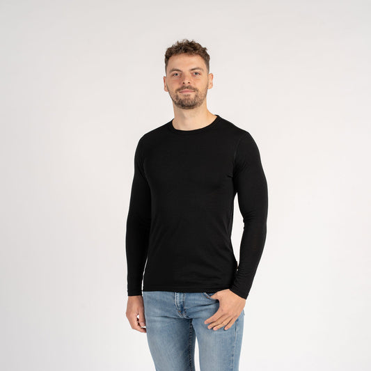 Men's Merino Wool Long Sleeve Base Layer Top in Black – view 1