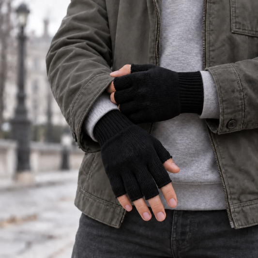 Men's Merino Wool Fingerless Gloves – Thick Warm Knit, Open Fingertips for Phone and Tool Use | Black