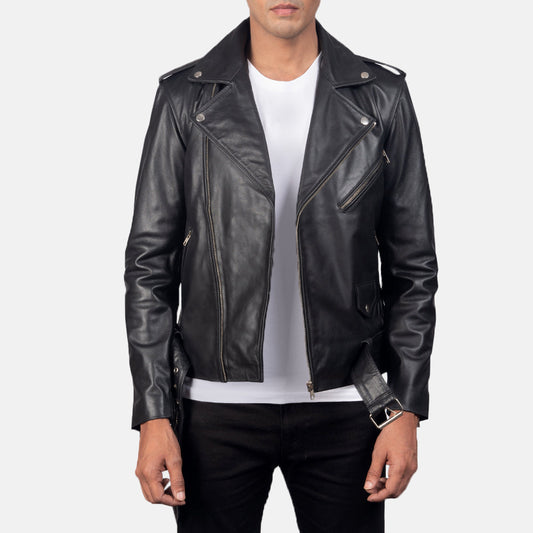Men's Cowhide Leather Biker Jacket – Notch Collar, Waist Belt, Zip Cuffs, Quilted Lining | Black