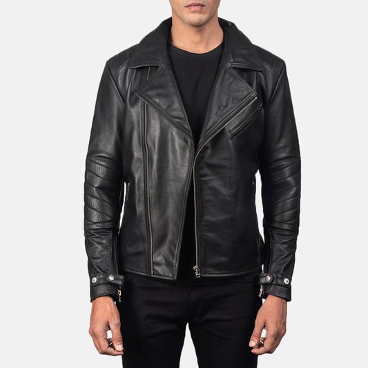 Men's Cowhide Leather Biker Jacket – Semi-Aniline Finish, Notch Collar, Zip and Snap Strap Cuffs, Three Outside Pockets | Black