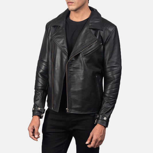 Men's Cowhide Leather Biker Jacket – Semi-Aniline Finish, Notch Collar, Zip and Snap Strap Cuffs, Three Outside Pockets | Black