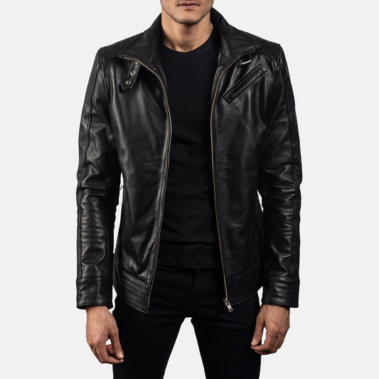 Men's Cowhide Leather Biker Jacket – High Neck with Belted Collar, Button Cuffs, Three Outside Pockets | Black