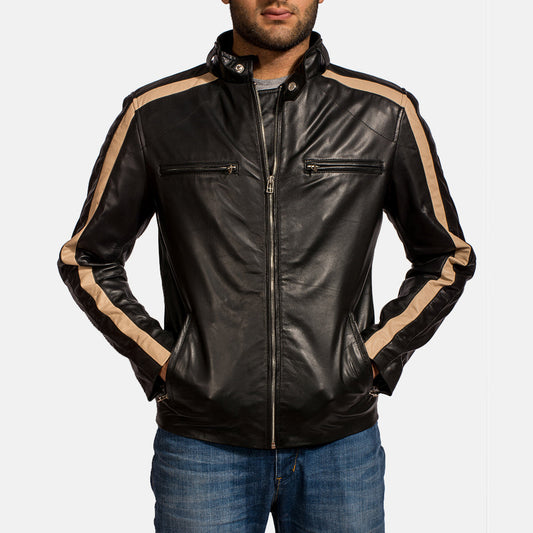 Jack Men's Sheepskin Leather Biker Jacket – Cream Contrast Stripes, Snap Band Collar, Four Pockets | Black