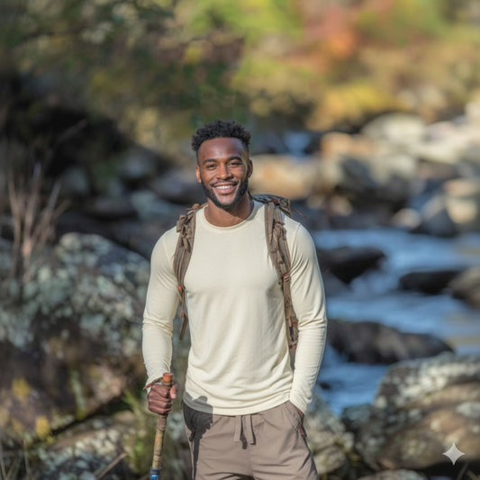 Men's Merino Wool Thermal Long Sleeve Crew – Midweight Base Layer, Flatlock Seams, Athletic Fit | Natural