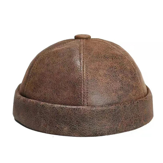 Minsk Men's Vintage Genuine Leather Docker Cap – Cowhide Leather, Warm Cotton Lining, Three Sizes