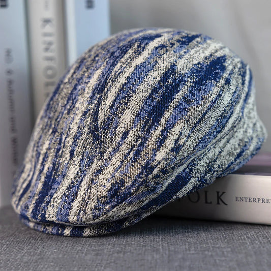 Monaitte Men's Striped Linen Blend Flat Cap – Linen and Cotton, Inner Sweatband, Four Sizes | Blue & White
