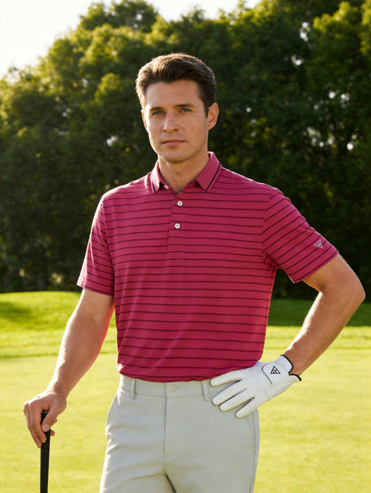 Men's Striped Golf Polo Shirt – Non-Curl Ribbed Collar, Side Slits, Moisture-Wicking 4-Way Stretch Fabric