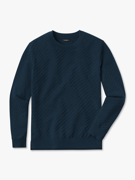 Riviera Men's Textured Knit Long Sleeve T-Shirt – Lightweight Breathable Knit, Crew Neck | Pacific Blue