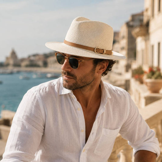 Men's Lightweight Straw Panama Hat with Leather Buckle Band – Wide Brim, Breathable, Adjustable 56–60 cm