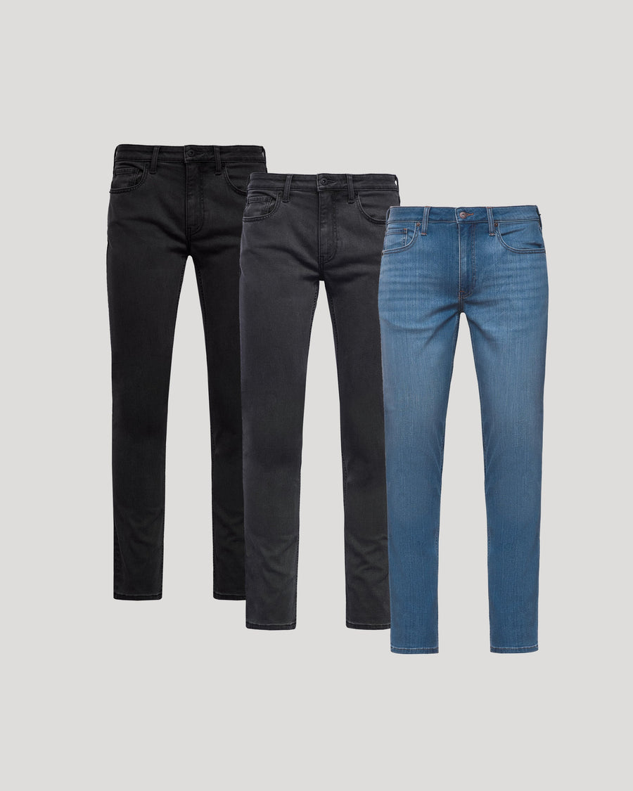 Men's Slim Stretch Jeans 3-Pack – Four-Way Stretch, Tapered Leg | Black Wash, Grey Wash & Medium Indigo Wash