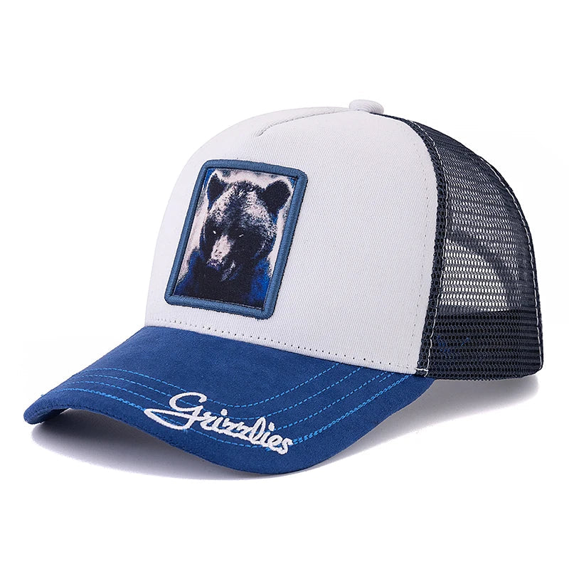 Painted Animals Men's Suede Trucker Baseball Cap – Painted Animal Patch, Embroidered Detail, Mesh Back