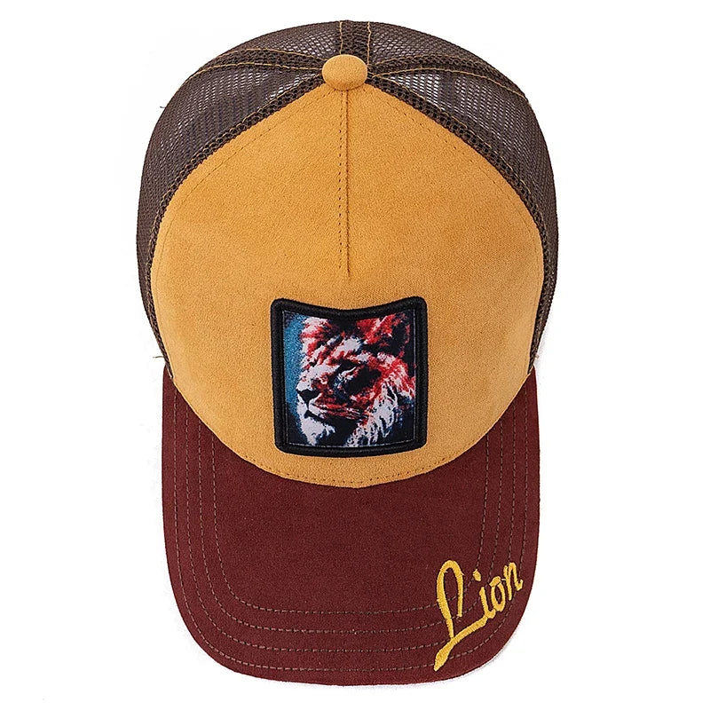 Painted Animals Men's Suede Trucker Baseball Cap – Painted Animal Patch, Embroidered Detail, Mesh Back