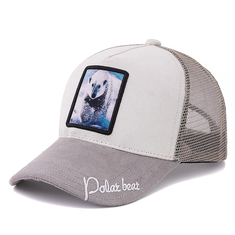 Painted Animals Men's Suede Trucker Baseball Cap – Painted Animal Patch, Embroidered Detail, Mesh Back