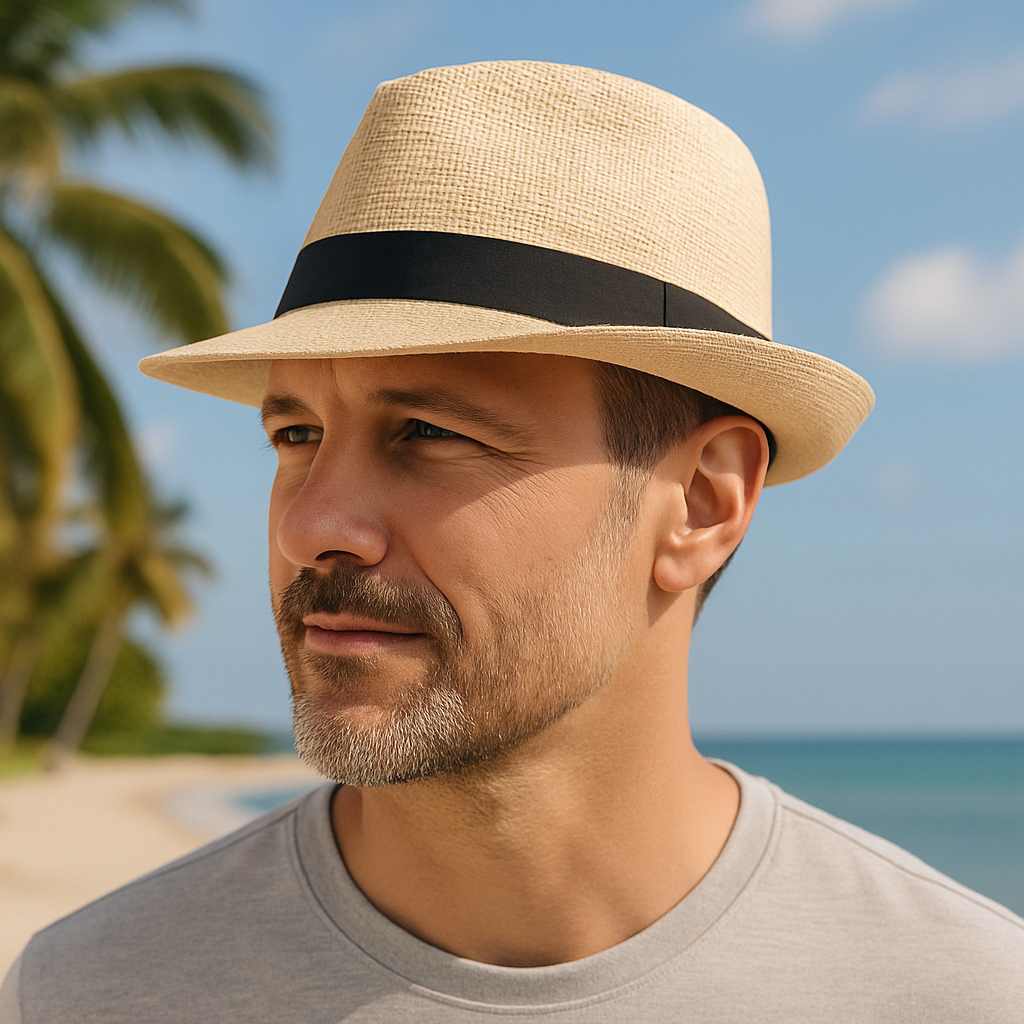 Men's Panama-Style Woven Hat with Black Band – Lightweight Polyester Weave, Clean Structured Silhouette