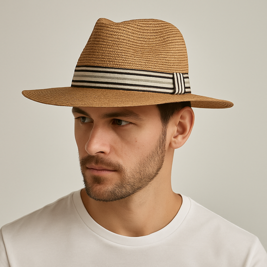 Men's Panama Hat with Striped Band – Polyester and Paper Fibre Weave, Structured Crown, Wide Brim