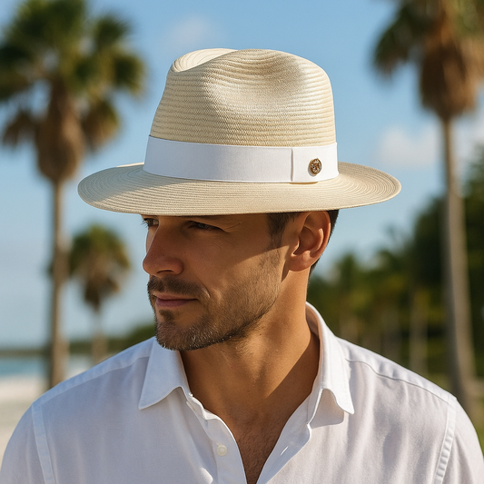 Men's High Crown Panama Hat – Polyester and Paper Braid, Wide Contrast Band with Button, Structured Brim
