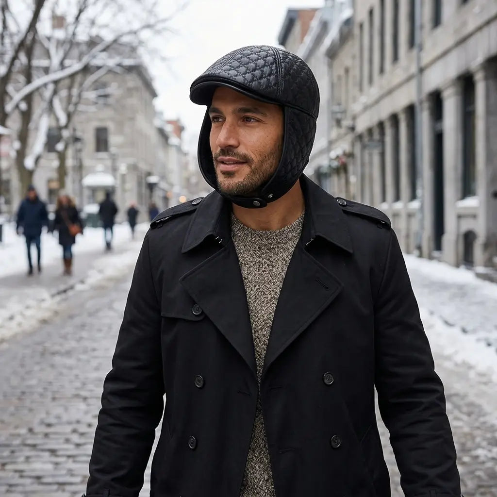 Pickford Men's Genuine Leather Earflap Flat Cap in Black – view 7