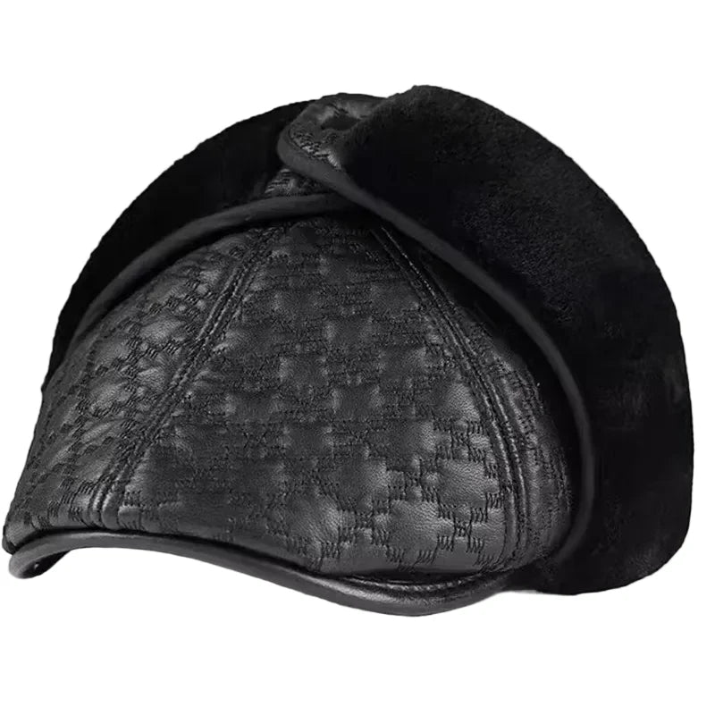 Pickford Men's Genuine Leather Earflap Flat Cap in Black – view 2