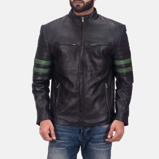 Men's Cowhide Leather Biker Jacket – Band Collar, Green Sleeve Stripes, Zip Cuffs, Four Outside Pockets | Black