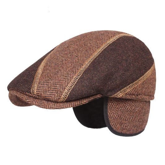 Men's Winter Herringbone Wool Blend Flat Cap – Folding Earflaps, Classic Shape, Adjustable 56–60 cm
