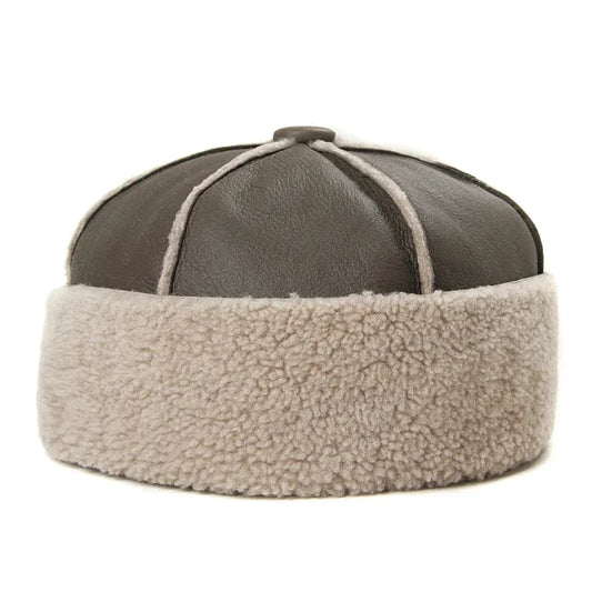Men's Russian-Style Wool-Lined Genuine Leather Docker Cap – Sheepskin Leather, Fleece Lining, Three Sizes