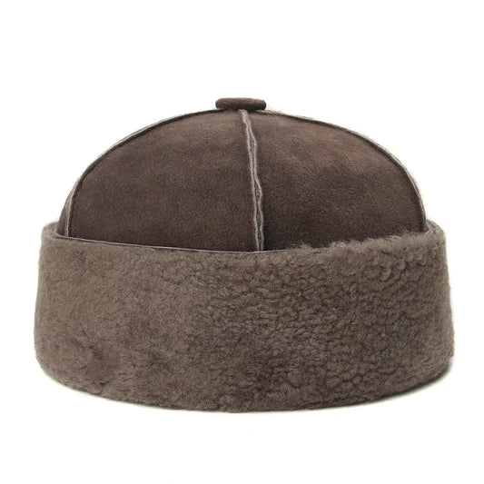 Men's Russian-Style Wool-Lined Genuine Leather Docker Cap – Sheepskin Leather, Fleece Lining, Three Sizes