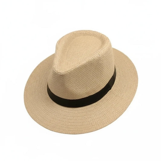 Men's Wide Brim Straw Panama Hat with Black Band – 12 cm Front Brim, Airy Weave, Adjustable 56–60 cm