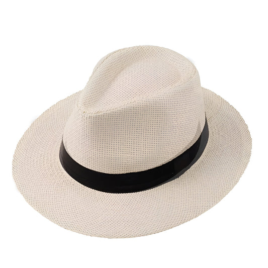Men's Structured Straw Panama Hat – Firm Wide Brim, Contrasting Band, Lightweight Woven Straw, 56–60 cm