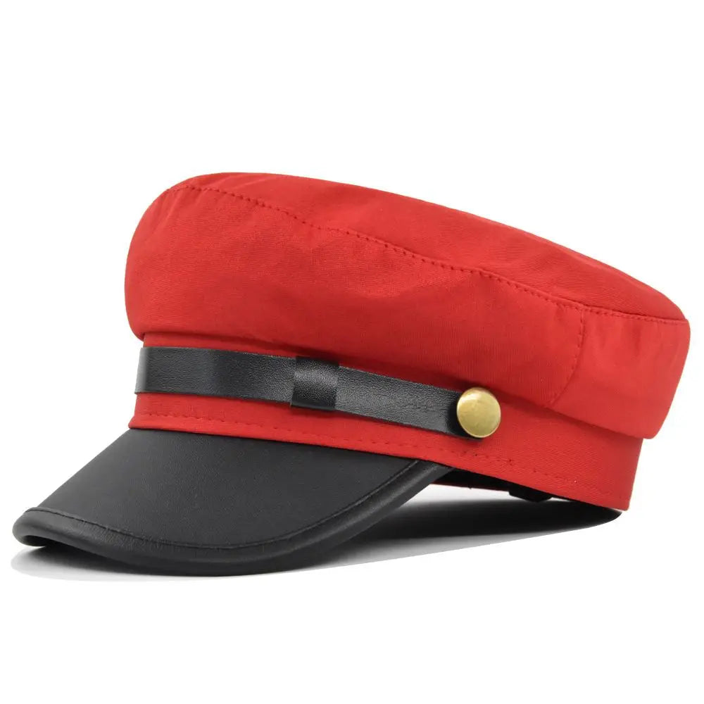 Men's Military-Style Sailor Cap – Cotton and PU Leather, Decorative Strap with Metallic Detail, Short Brim