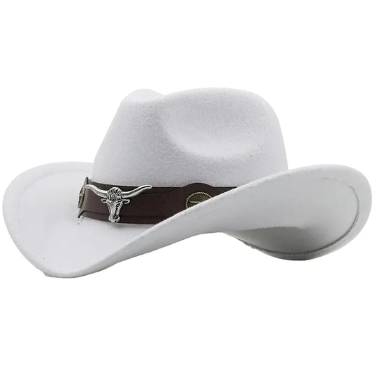 Men's Western Cowboy Hat with Bull Head Band – Wide Brim, Classic Rodeo Style, Three Sizes 52–60 cm