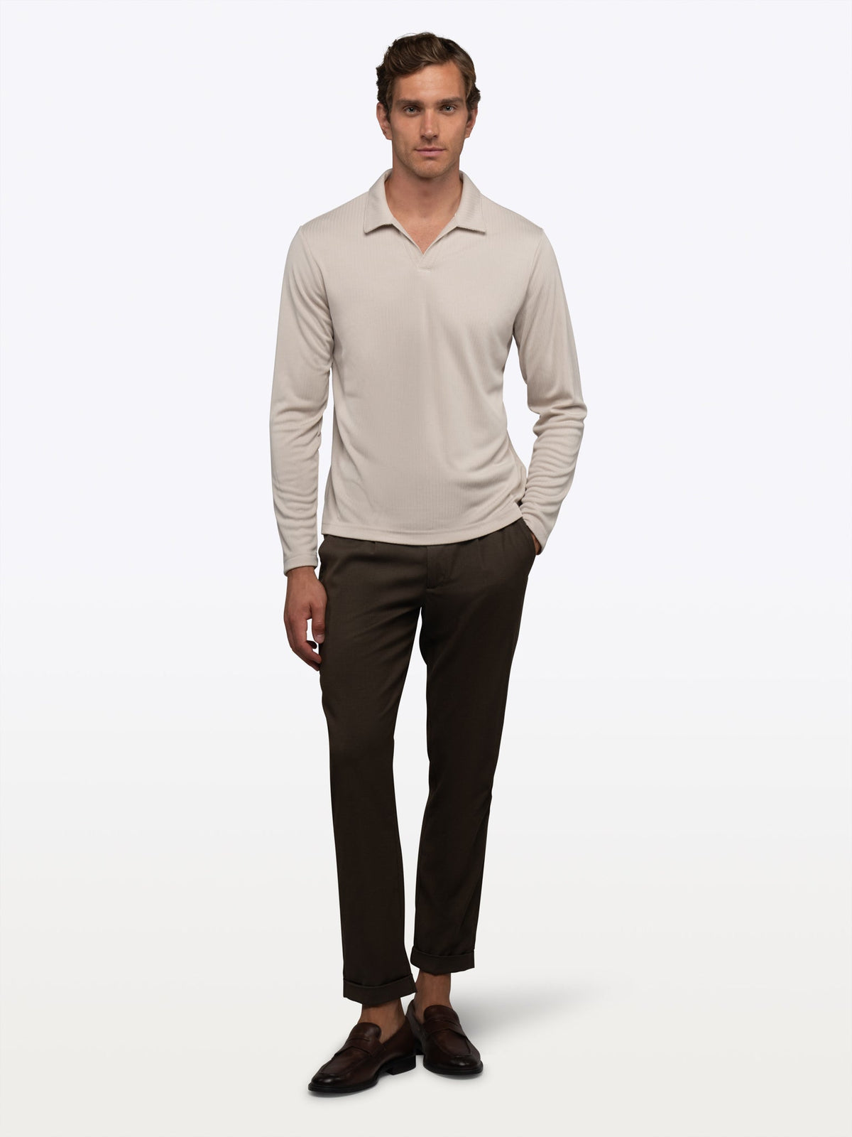 Men's Ribbed Knit Long Sleeve Polo in Sand Dune – view 4