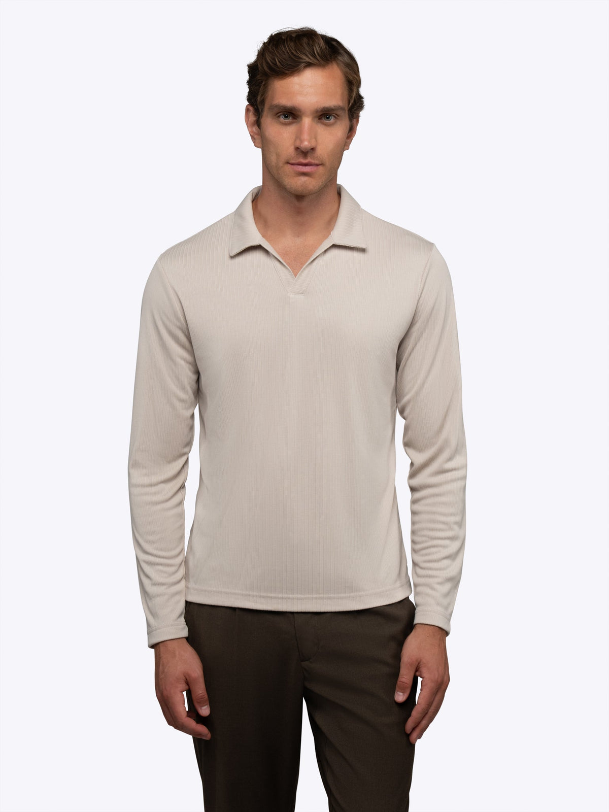 Men's Ribbed Knit Long Sleeve Polo in Sand Dune – view 2