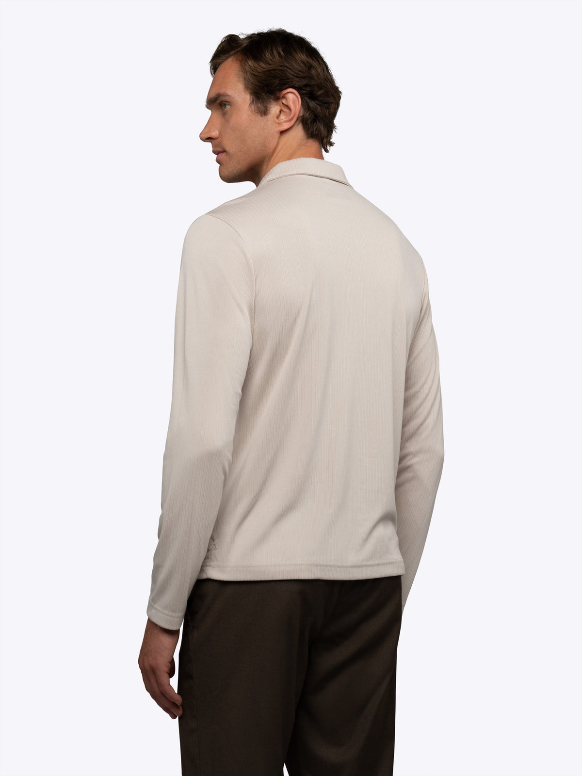 Men's Ribbed Knit Long Sleeve Polo in Sand Dune – view 3