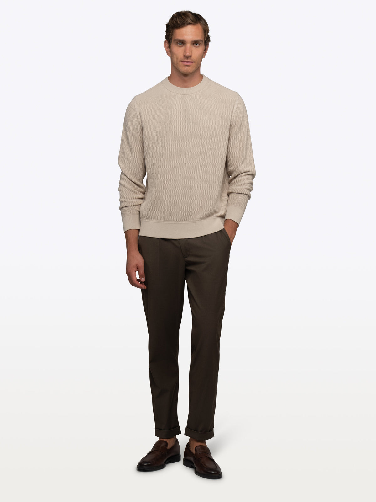 Palisade Men's Textured Knit Crew Neck Jumper in Sand Dune – view 3