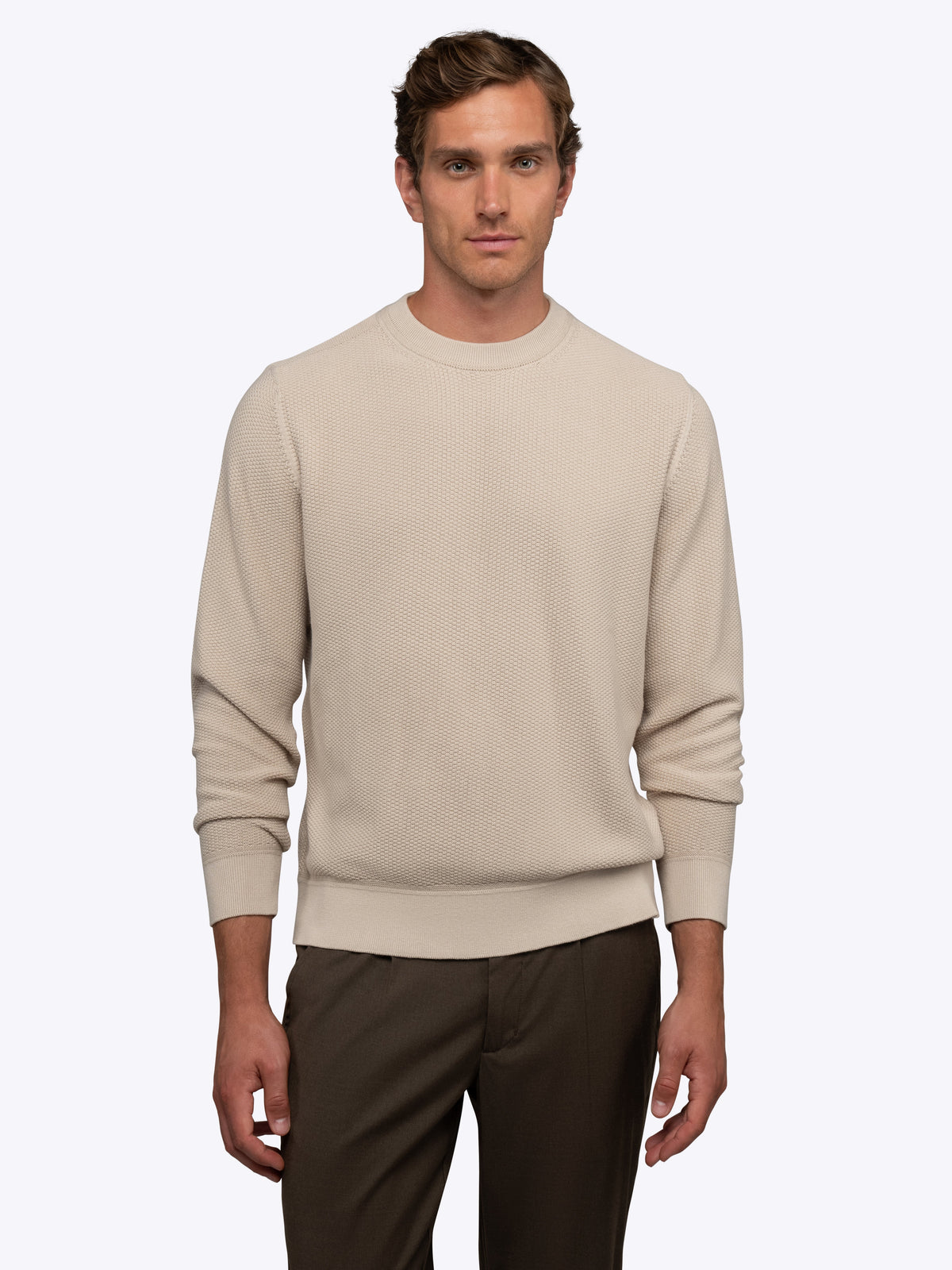 Palisade Men's Textured Knit Crew Neck Jumper in Sand Dune – view 1
