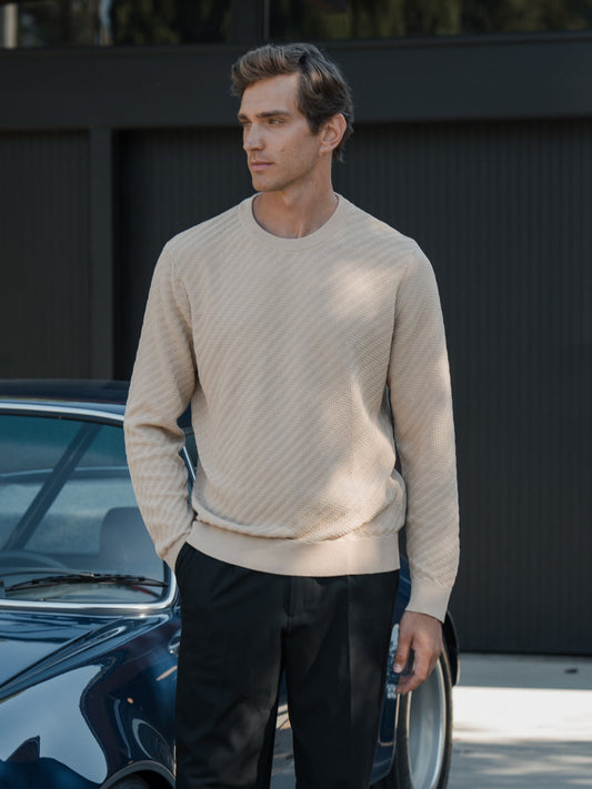 Riviera Men's Textured Knit Long Sleeve T-Shirt – Lightweight Breathable Knit, Crew Neck | Sand Dune