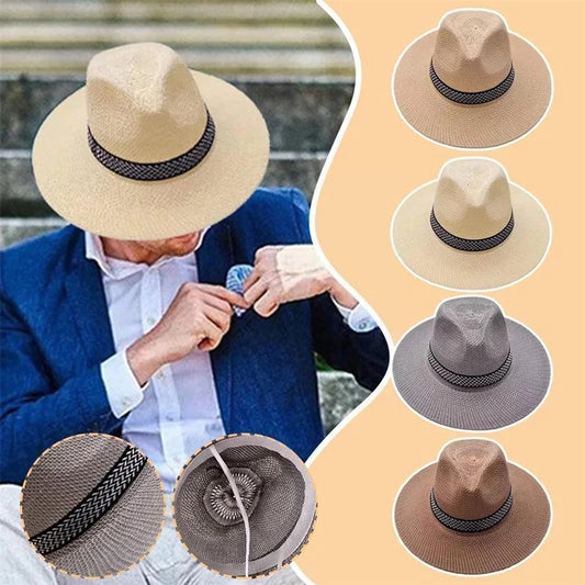 Men's Straw Panama Hat with Chevron Band – Wide Brim, Lightweight and Breathable, Adjustable 56–60 cm