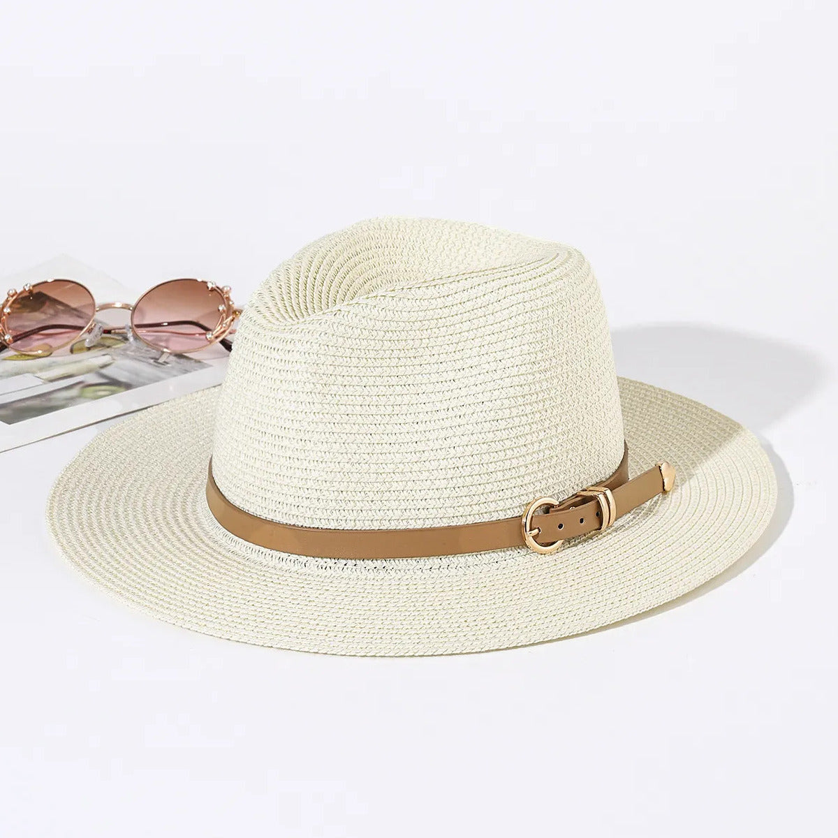 Men's Lightweight Straw Panama Hat with Leather Buckle Band – Wide Brim, Breathable, Adjustable 56–60 cm