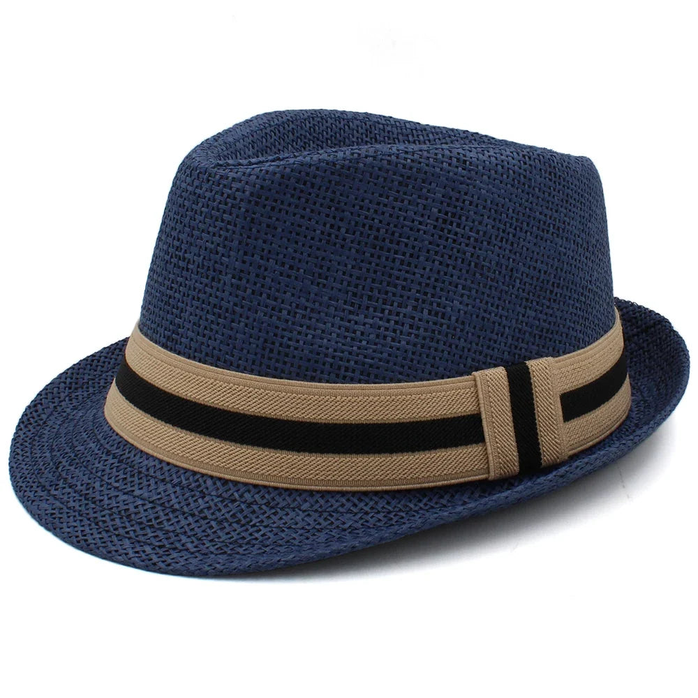 Men's Straw Trilby Hat with Two-Tone Band – 4.5 cm Short Brim, 10 cm Crown, Two Sizes 53–60 cm