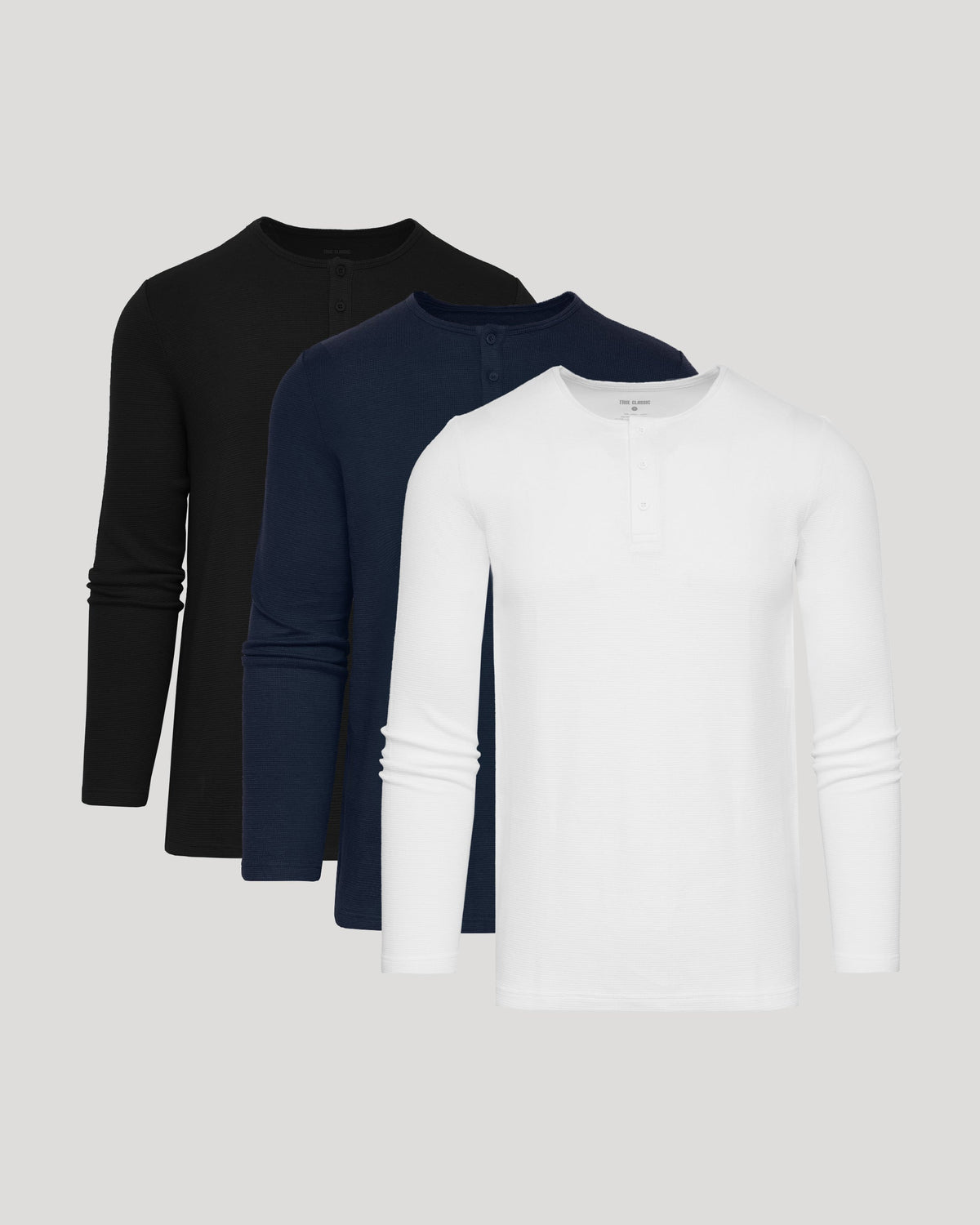 Men's Waffle Knit Long Sleeve Henley 3-Pack – Modal Blend, 3-Button Placket | Black, Navy & White