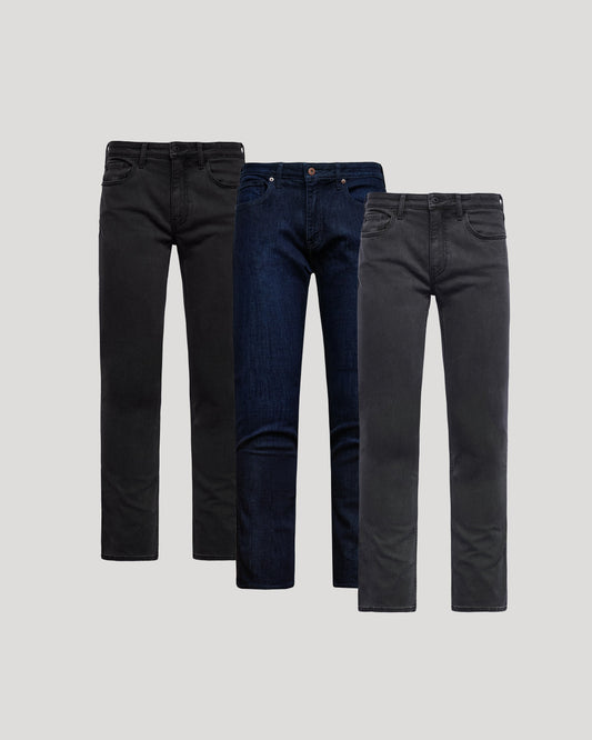 Men's Straight Comfort Stretch Jeans 3-Pack – 4-Way Stretch, Five Pockets | Black, Indigo & Grey Wash