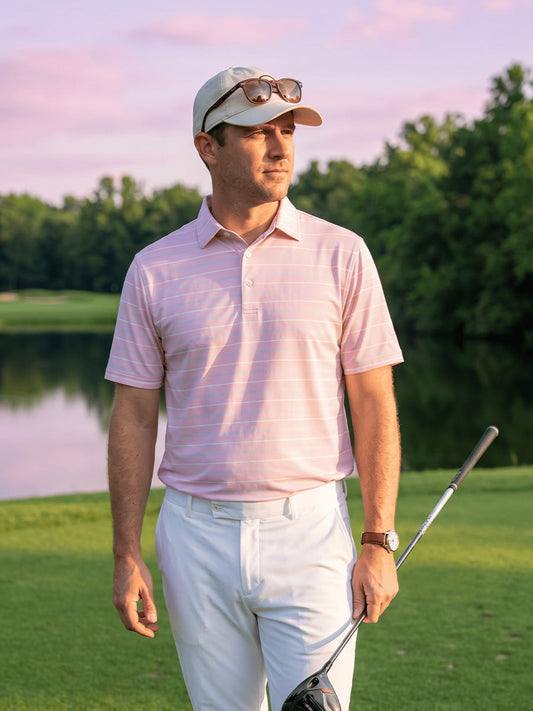 Men's Striped Jersey Golf Polo Shirt – Yarn-Dyed Stripes, Moisture-Wicking Four-Way Stretch | Short Sleeve