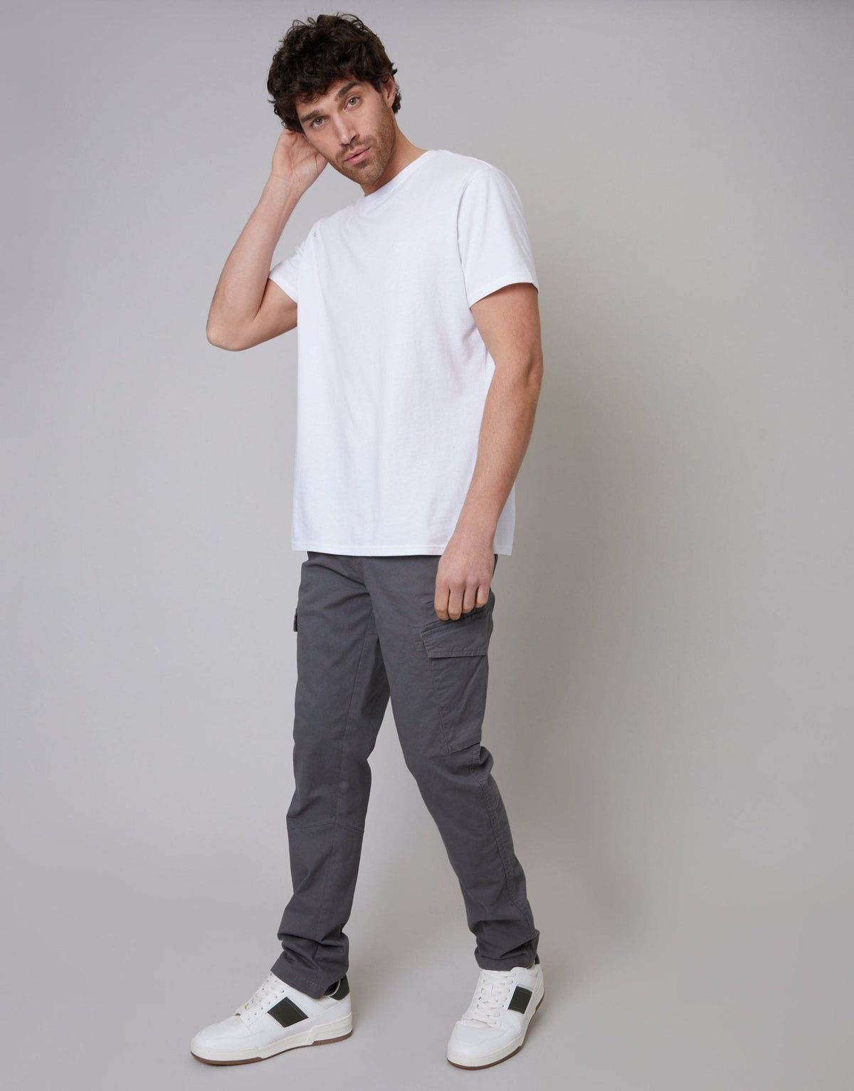 Men's Slim Fit Stretch Cotton Cargo Trousers in Slate Grey – view 1