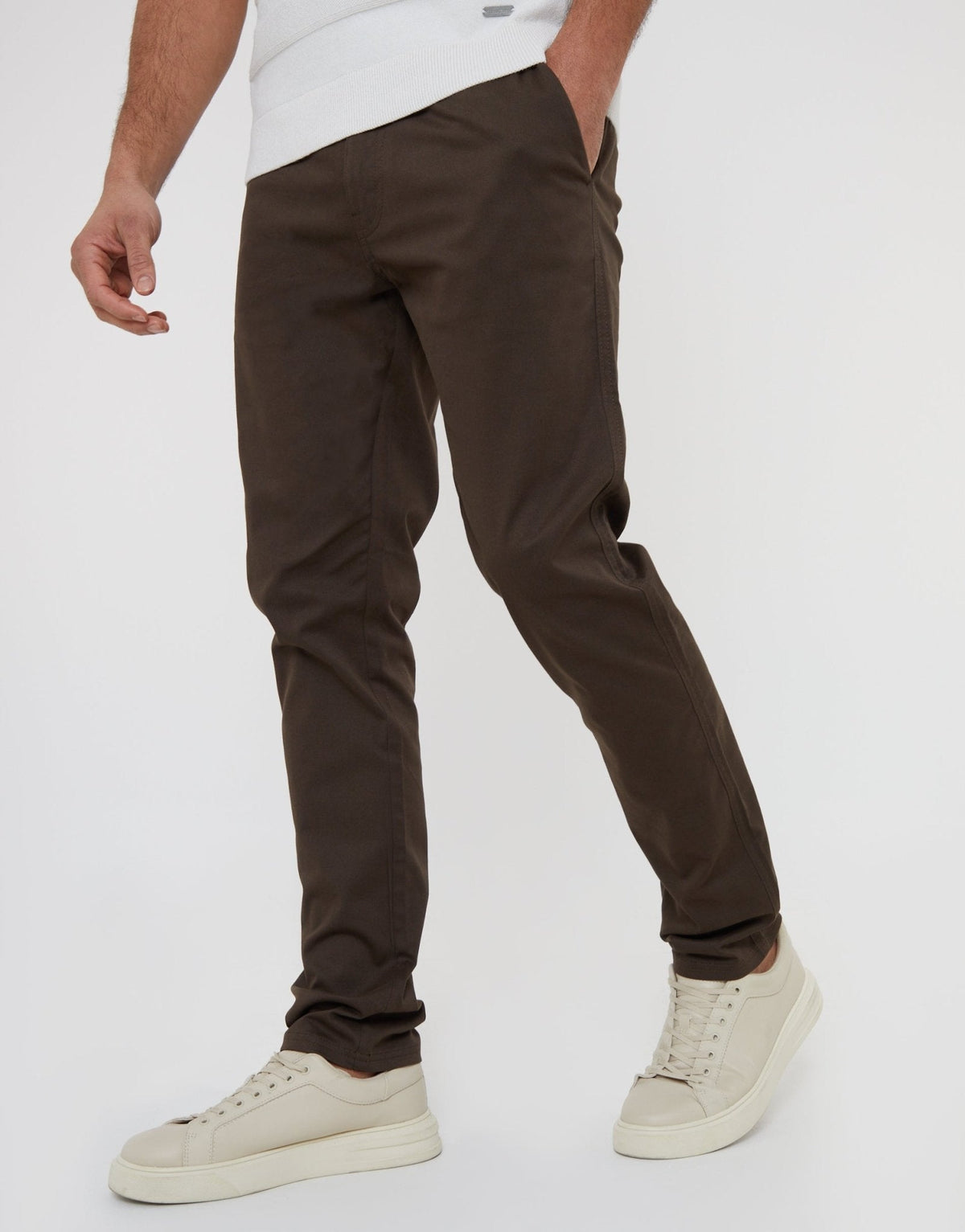 Men's Slim Fit Stretch Cotton Chino Trousers in Chocolate Brown – view 2