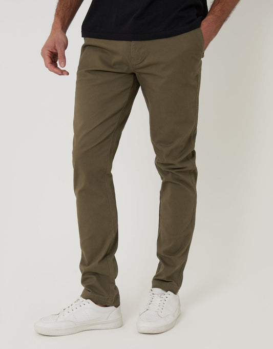 Men's Slim Fit Stretch Cotton Chino Trousers in Khaki Green – view 2