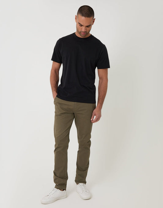 Men's Slim Fit Stretch Cotton Chino Trousers in Khaki Green – view 1