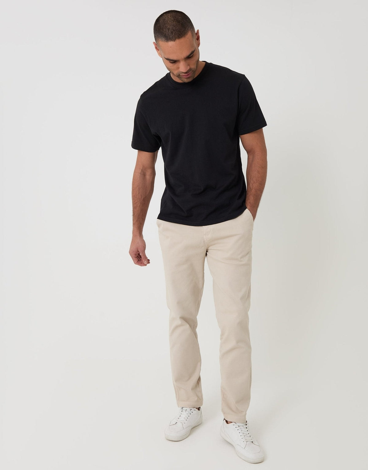Men's Stretch Cotton Chino Trousers in Light Stone – view 1