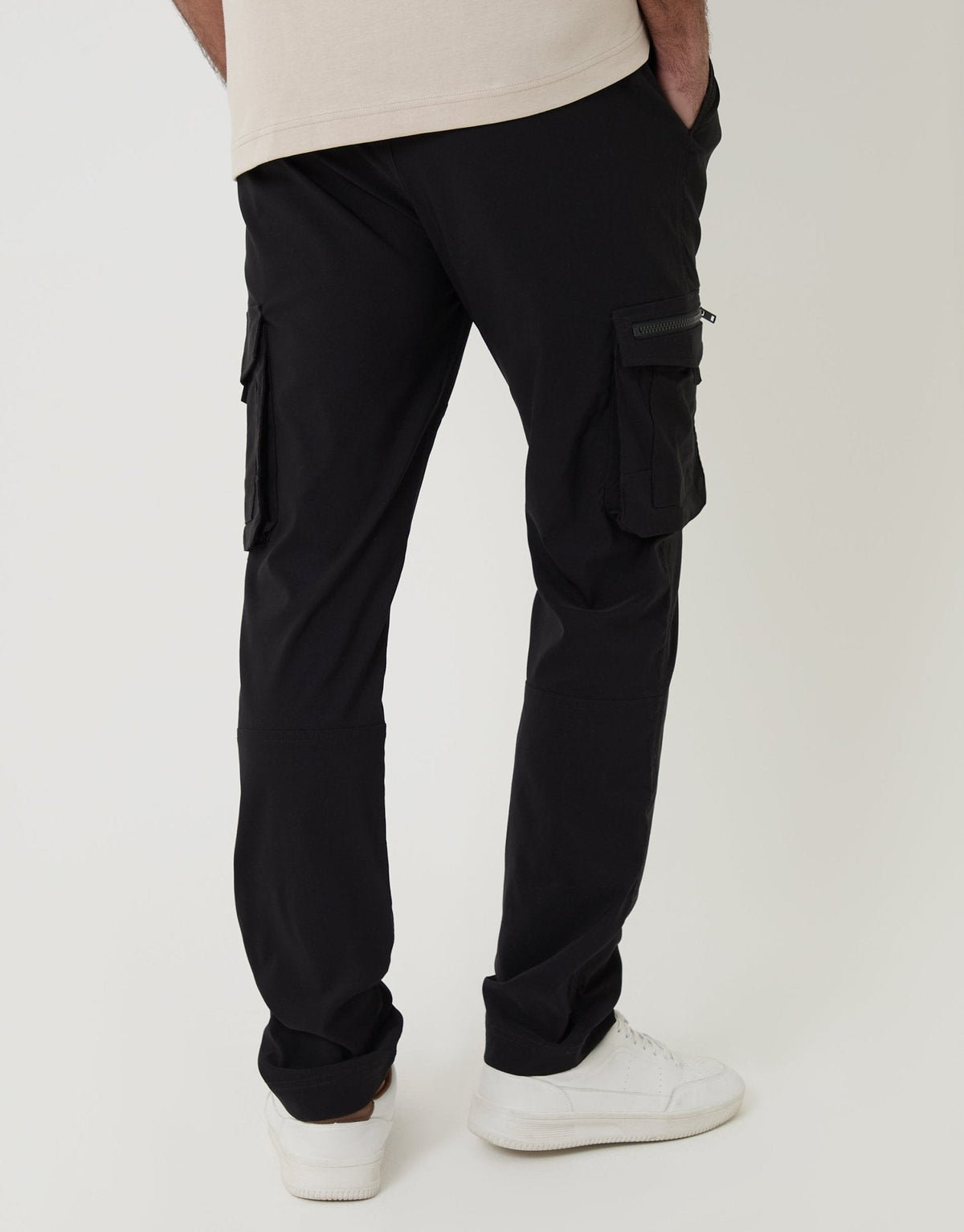Men's Slim Fit Stretch Poplin Cargo Trousers in Black – view 3